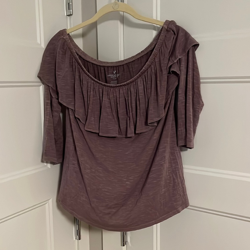 Purple off shoulder three quarter sleeve top size medium - 3rd pic shows color